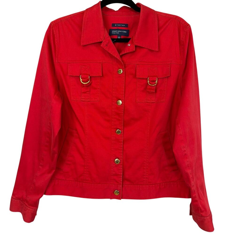 Jones New York Red Button Up Jacket Two Chest Pockets D-Ring Closure Size L
